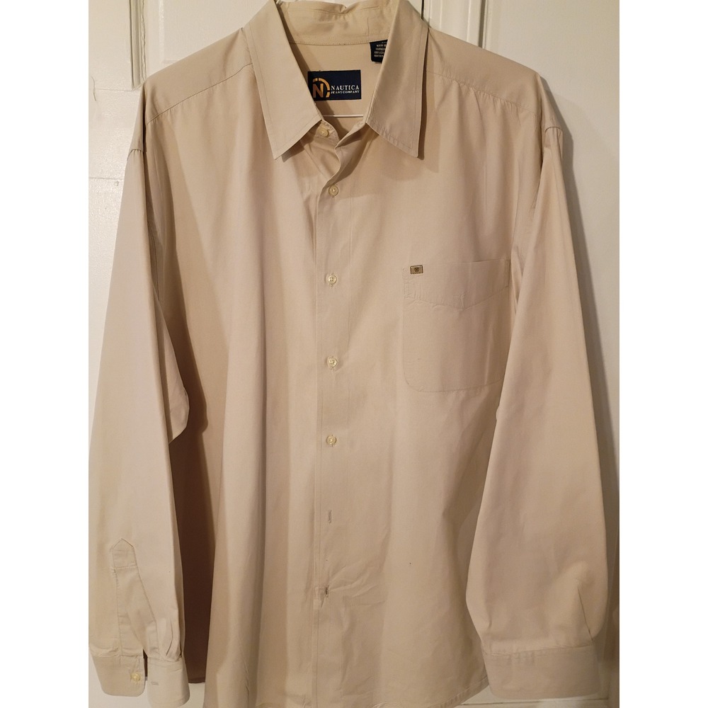 Nautica Jeans Company Mens XL Tan Khaki Long Sleeve Button Down Cotton Shirt